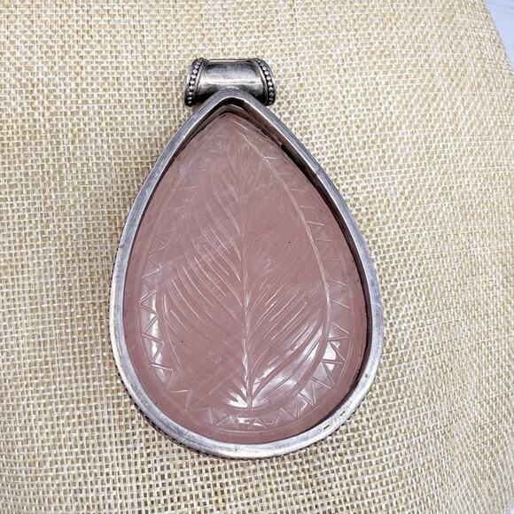 Vitnage Large Teardrop Carved Rose Quartz Sterling Silver Pendant Over 3 Inch - Picture 3 of 11